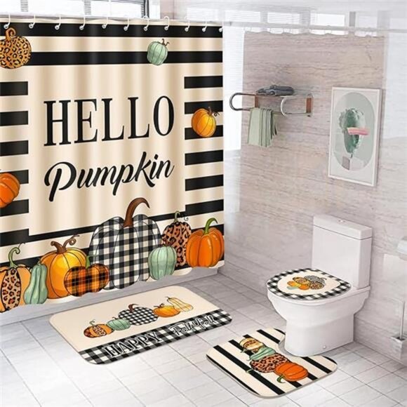 Preboun 4 Pcs Fall Pumpkin Shower Curtain Set 72" Autumn‎ Farmhouse Bathroom - Picture 8 of 8